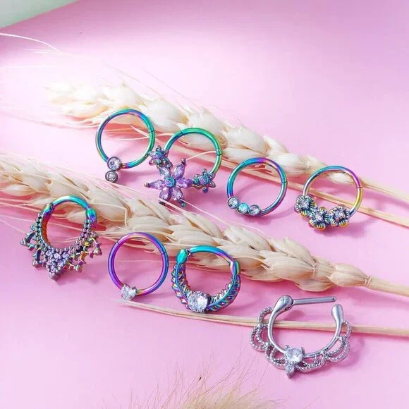 Septum Daith Earrings 16g Stainless Steel Rainbow Rose Gold Piercing Jewelry - Picture 2 of 6